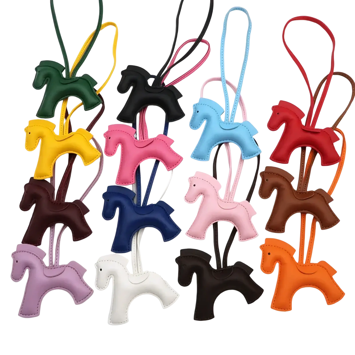 A collection of colorful stitched leather horse bag charm keychains in green yellow pink blue red brown purple white and orange