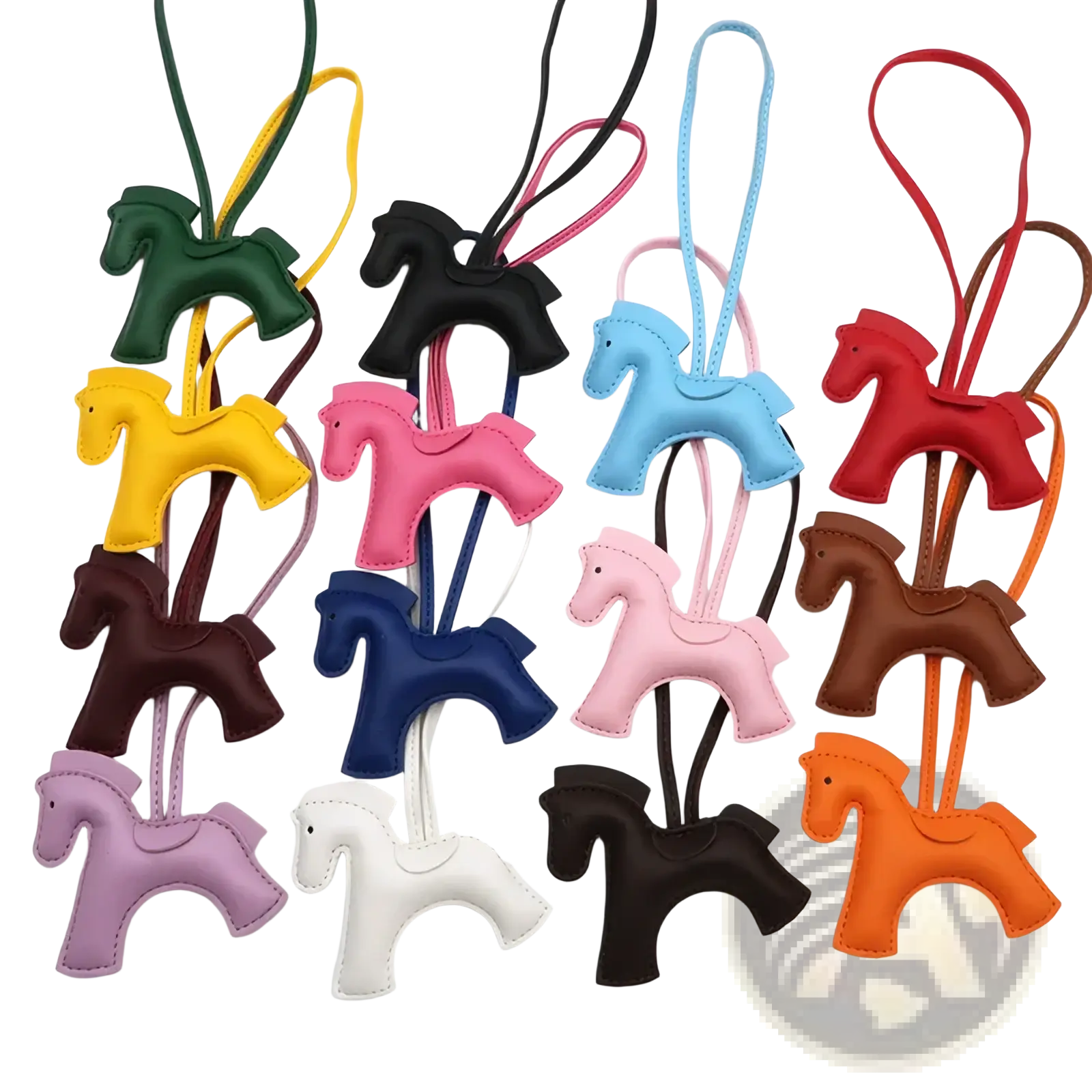 A collection of colorful stitched leather horse bag charm keychains in green yellow pink blue red brown purple white and orange