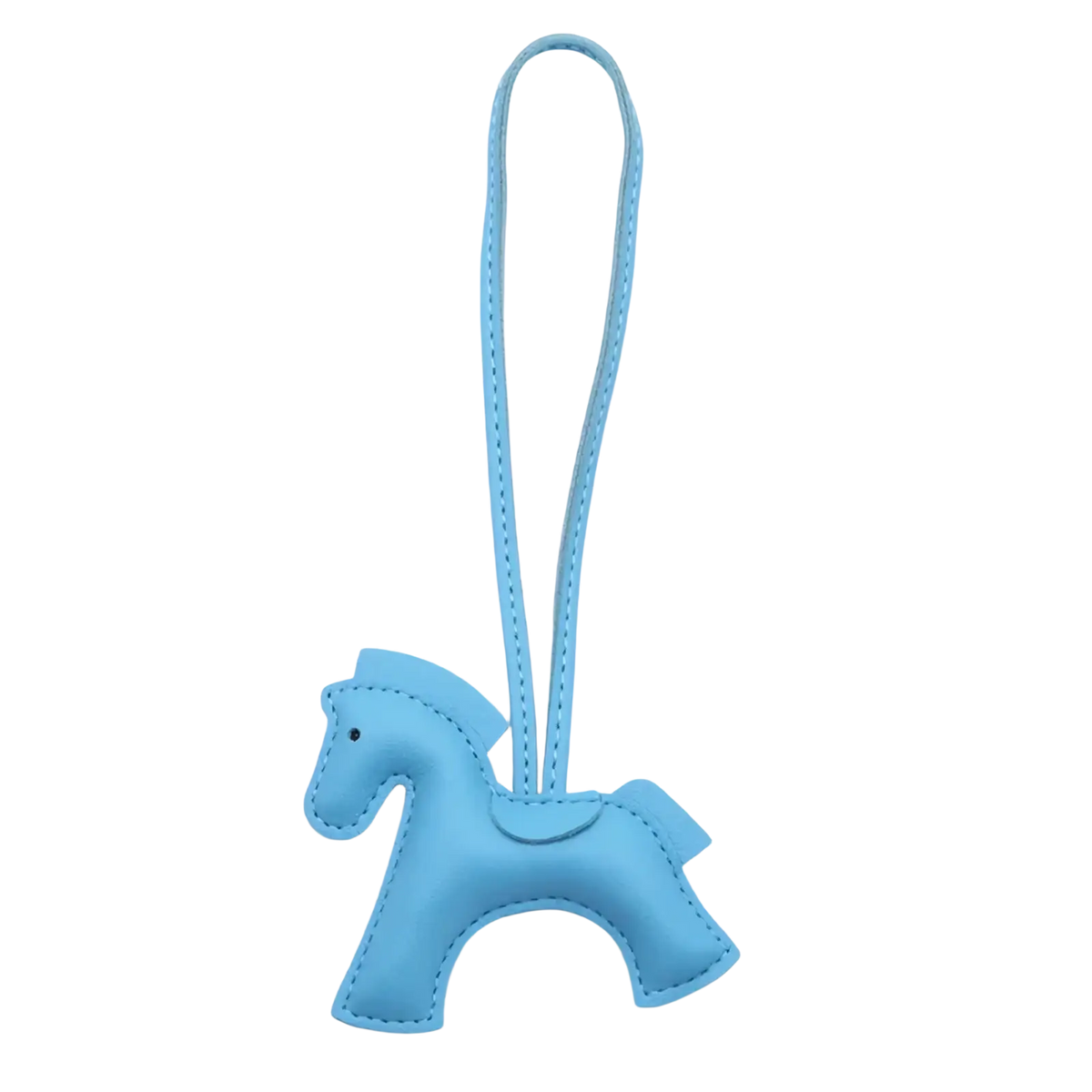 A light blue leather horse bag charm keychain with a matching strap for stylish accessory use