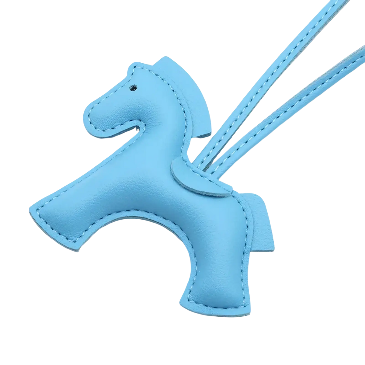 A light blue leather horse-shaped bag charm keychain with stitched details and matching strap