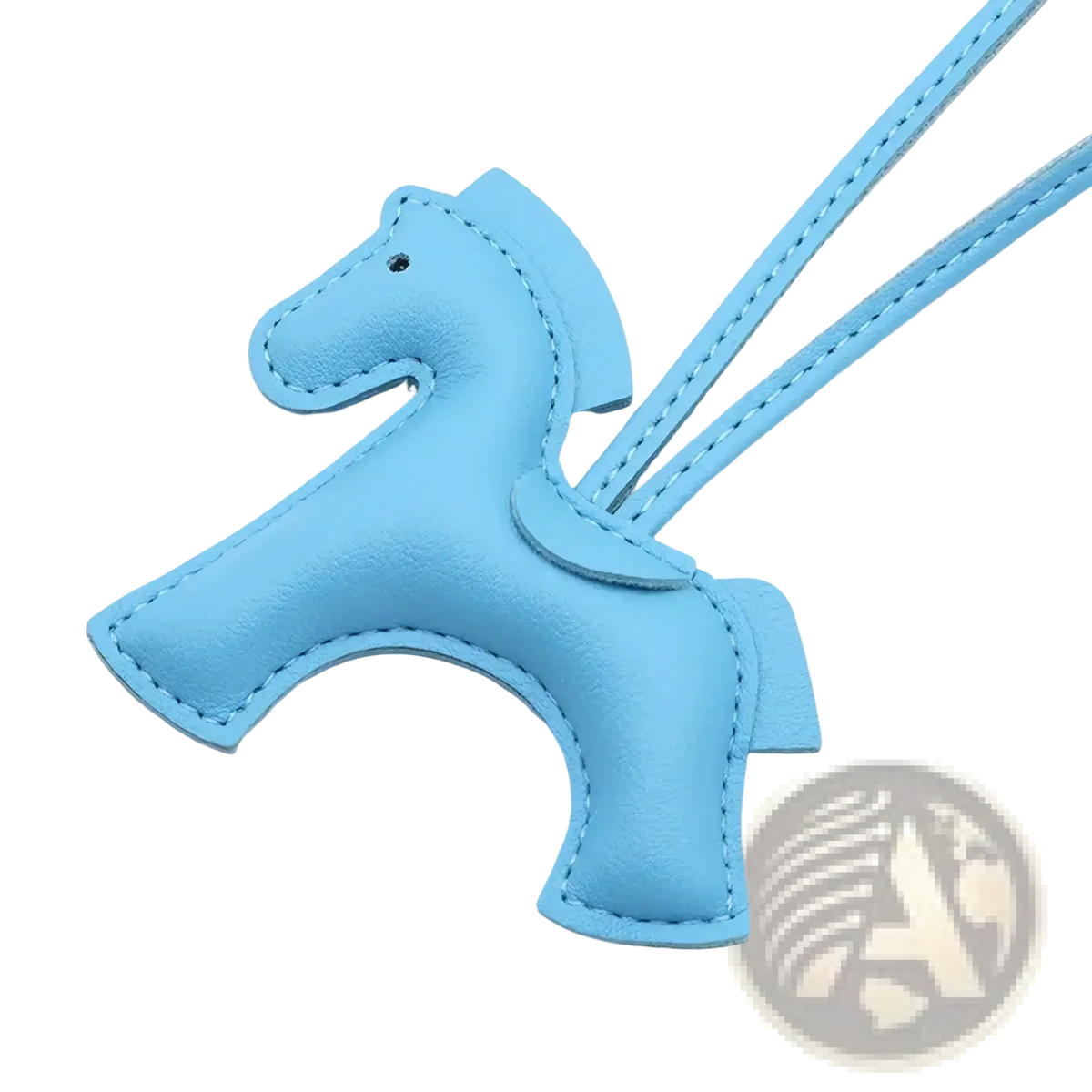 A light blue leather horse-shaped bag charm keychain with stitched details and matching strap