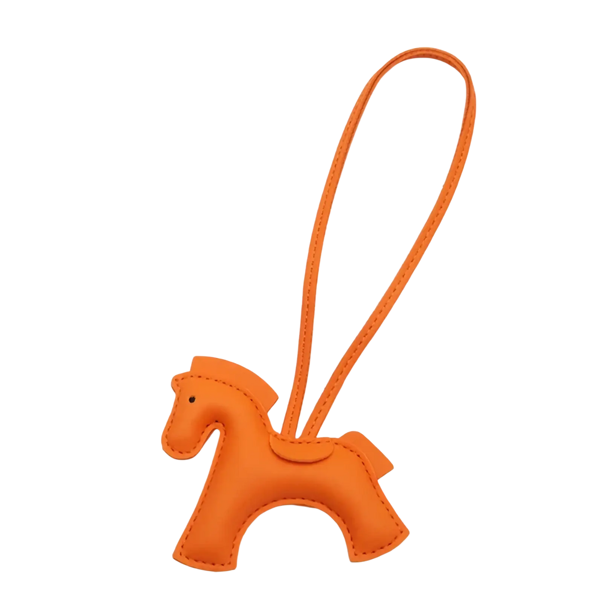 Orange leather horse bag charm keychain with stitched details and matching strap for stylish accessory use