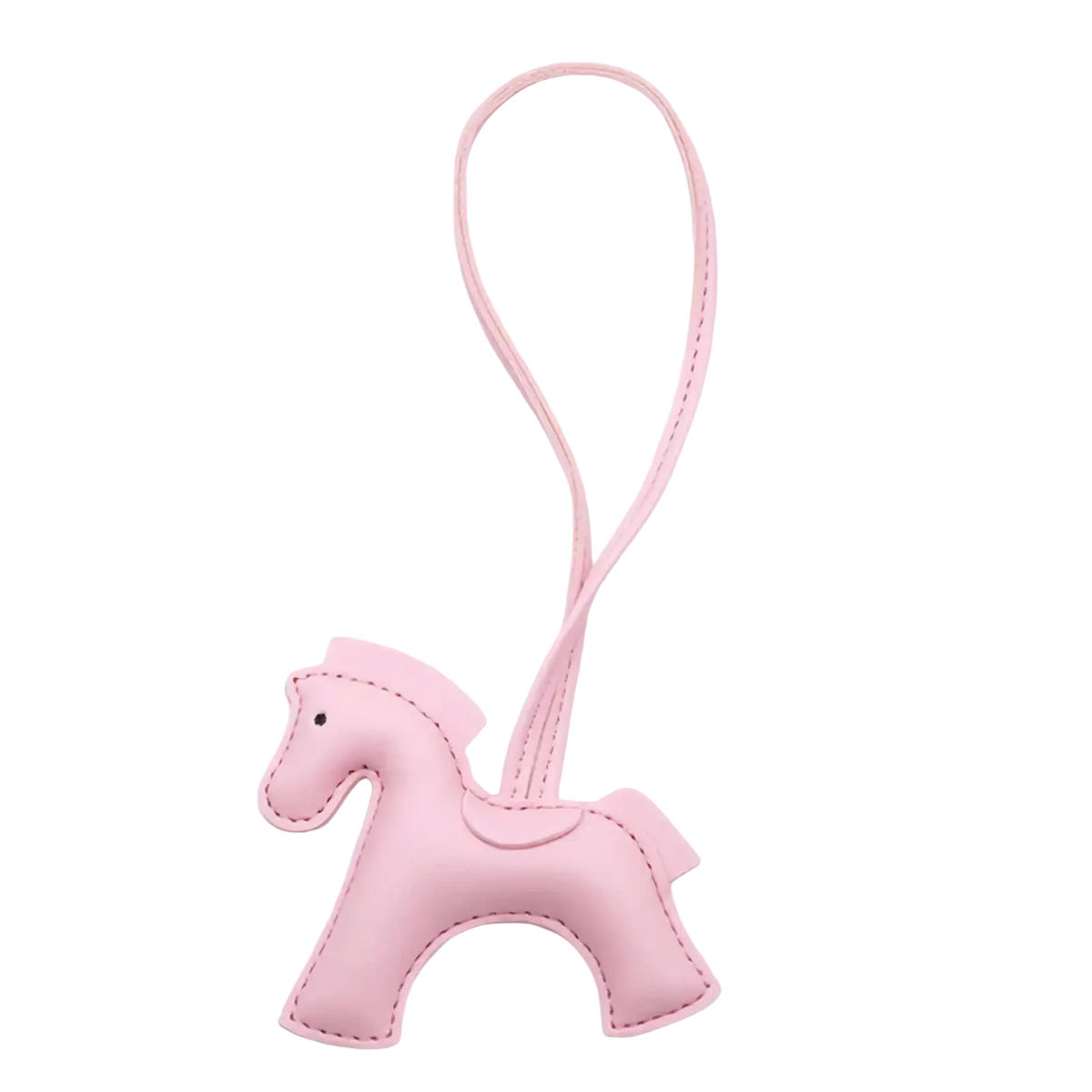 Pink leather horse bag charm keychain with stitched details and matching loop for attaching to bags or keys