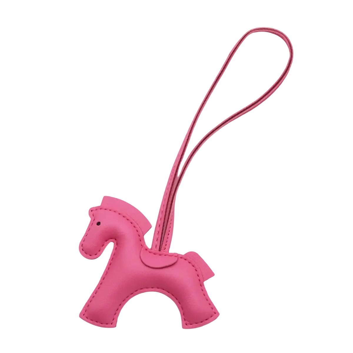 Pink leather horse bag charm keychain with matching strap for decorative and functional use