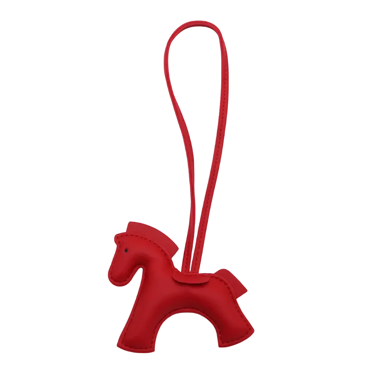 Red leather horse bag charm keychain featuring a looped strap for easy attachment and stylish accessory use
