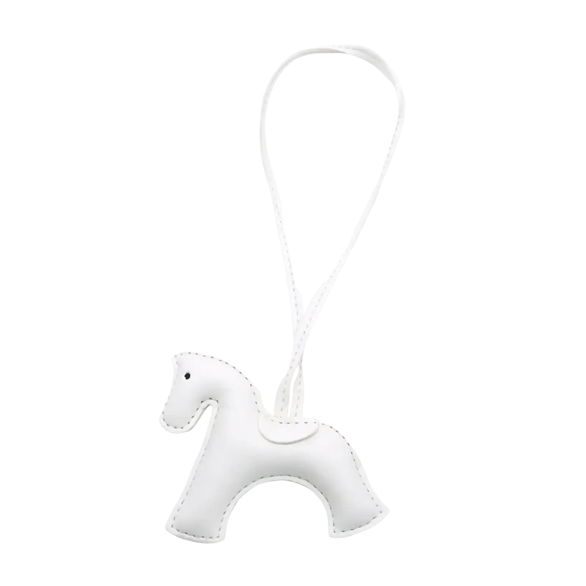 White leather horse bag charm keychain with stitched details and a matching loop for attachment