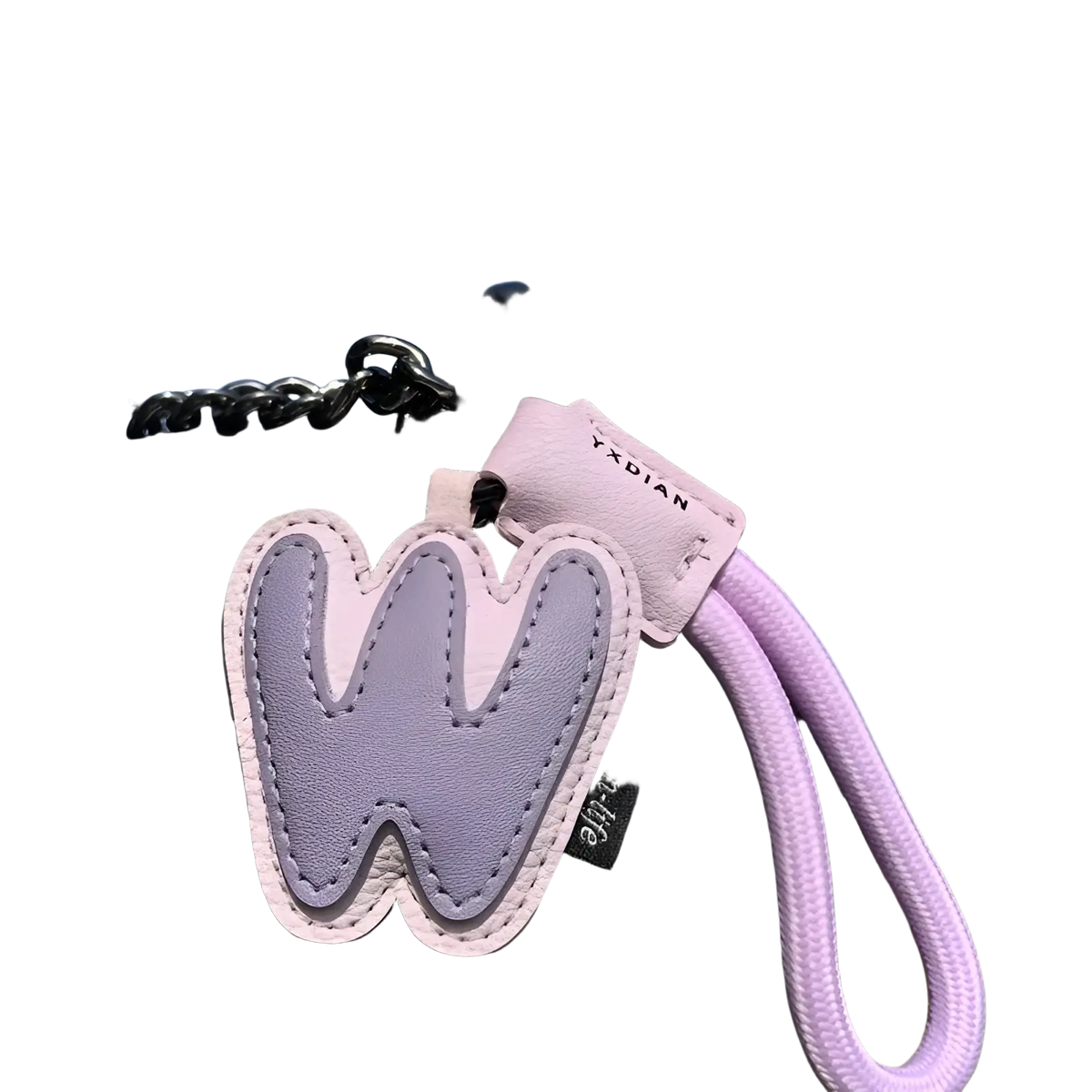 Lavender leather initial keychain shaped like letter w with matching fabric loop and stitched edges wristband charm