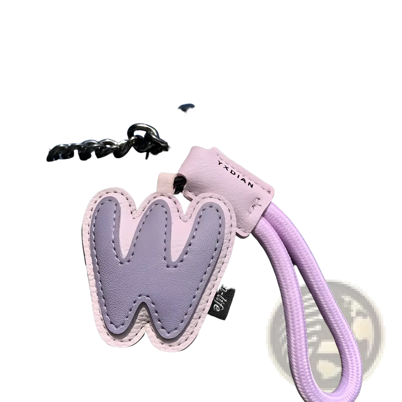Lavender leather initial keychain shaped like letter w with matching fabric loop and stitched edges wristband charm