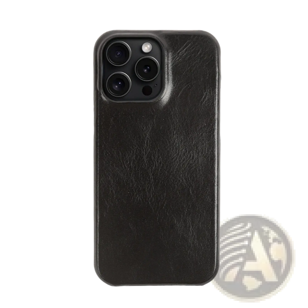 Black faux leather iphone case vintage horse oil drop resistant with textured surface and precise camera cutout back view