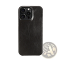 Black faux leather iphone case vintage horse oil drop resistant with textured surface and precise camera cutout back view