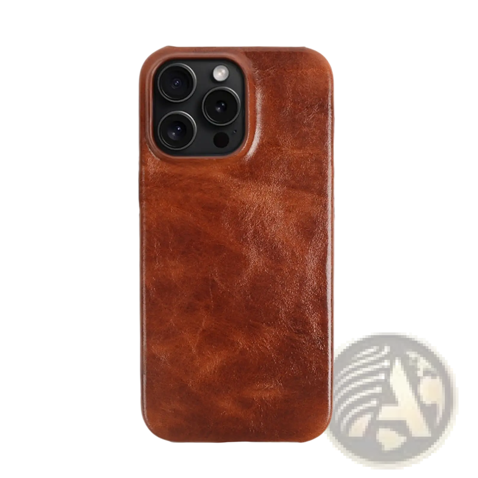 Brown leather iphone case vintage horse oil with textured slightly worn finish shown from the back side