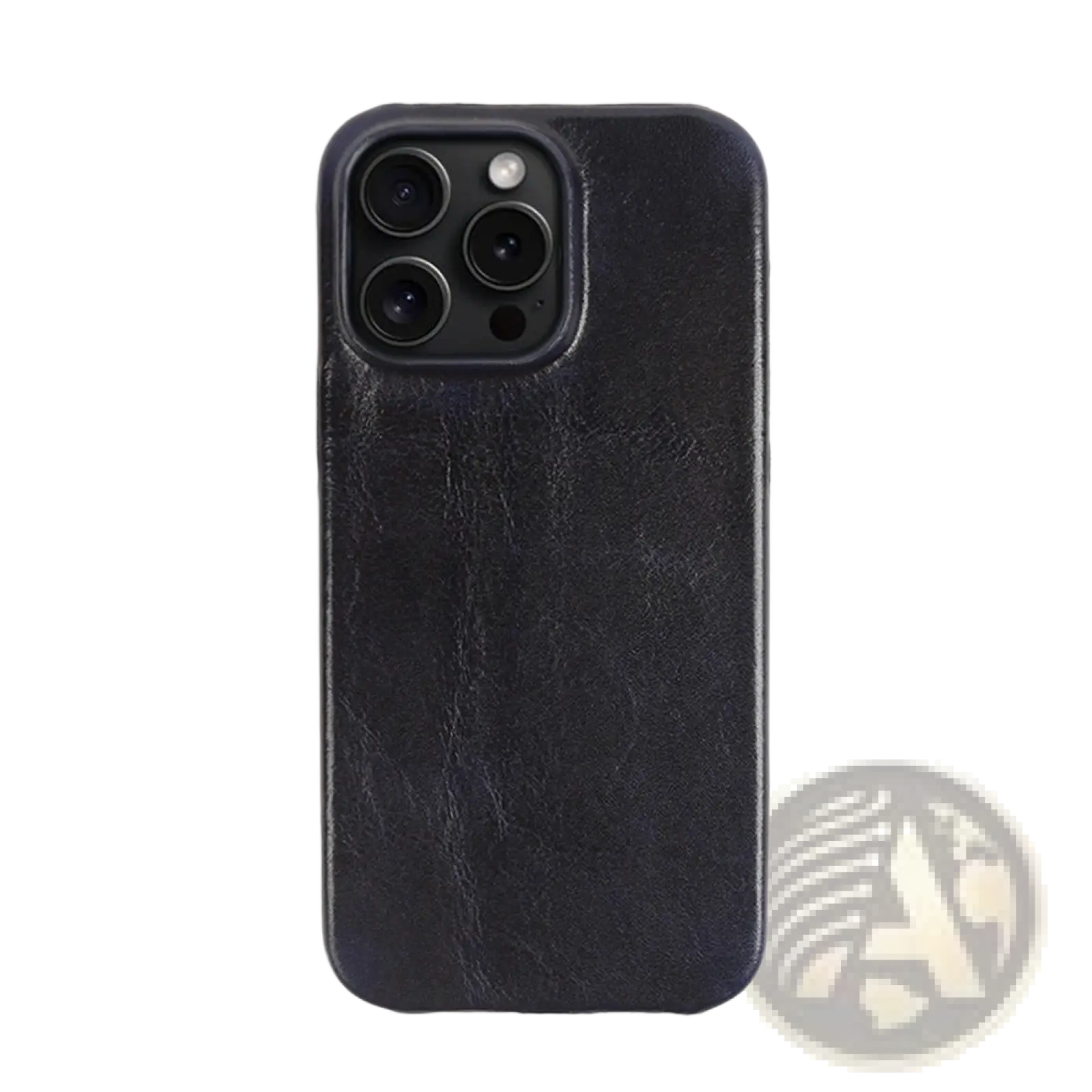 Black leather iPhone case vintage horse oil drop resistant with textured slightly worn finish back side visible