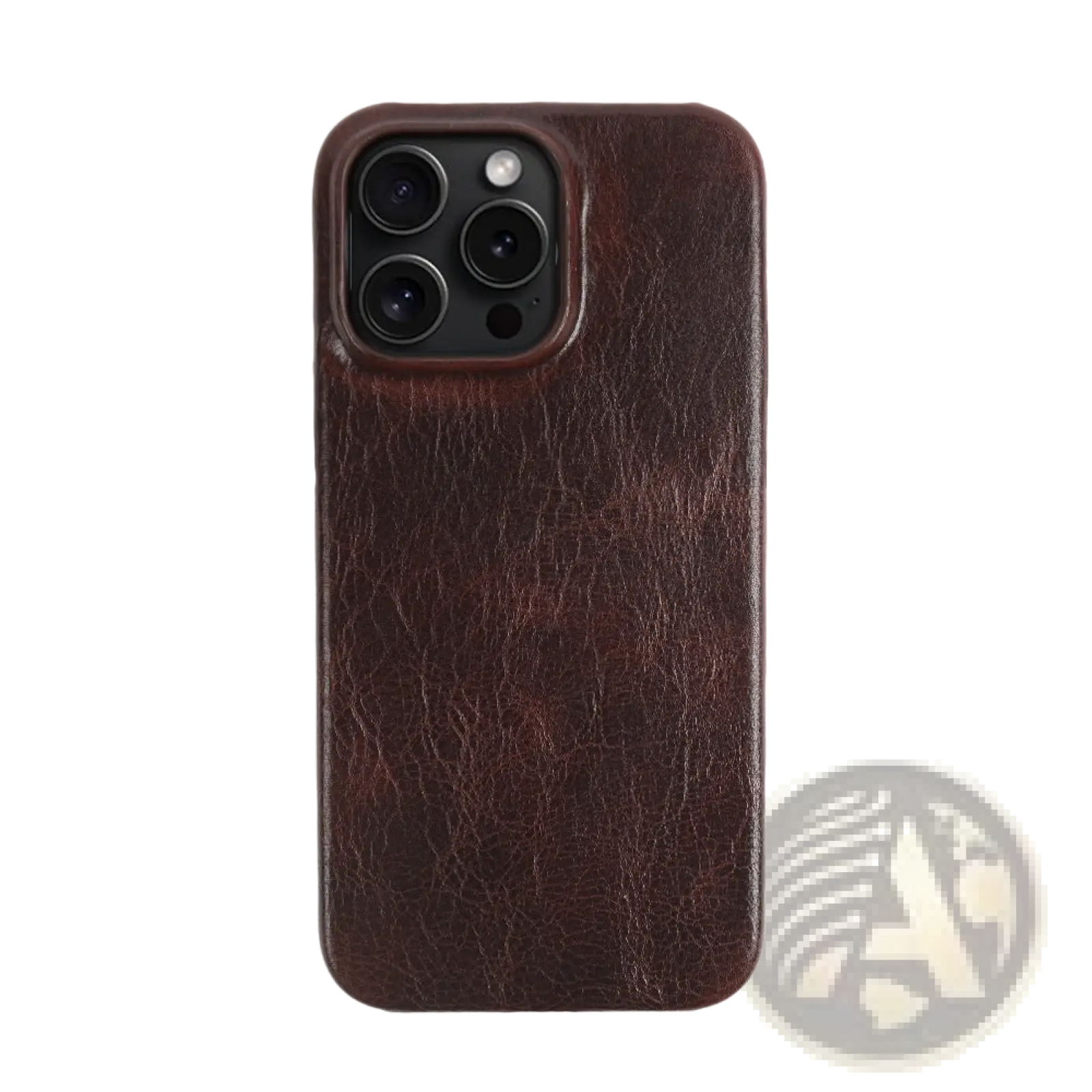 Dark brown leather iphone case with vintage horse oil drop resistant finish and textured back with camera cutout