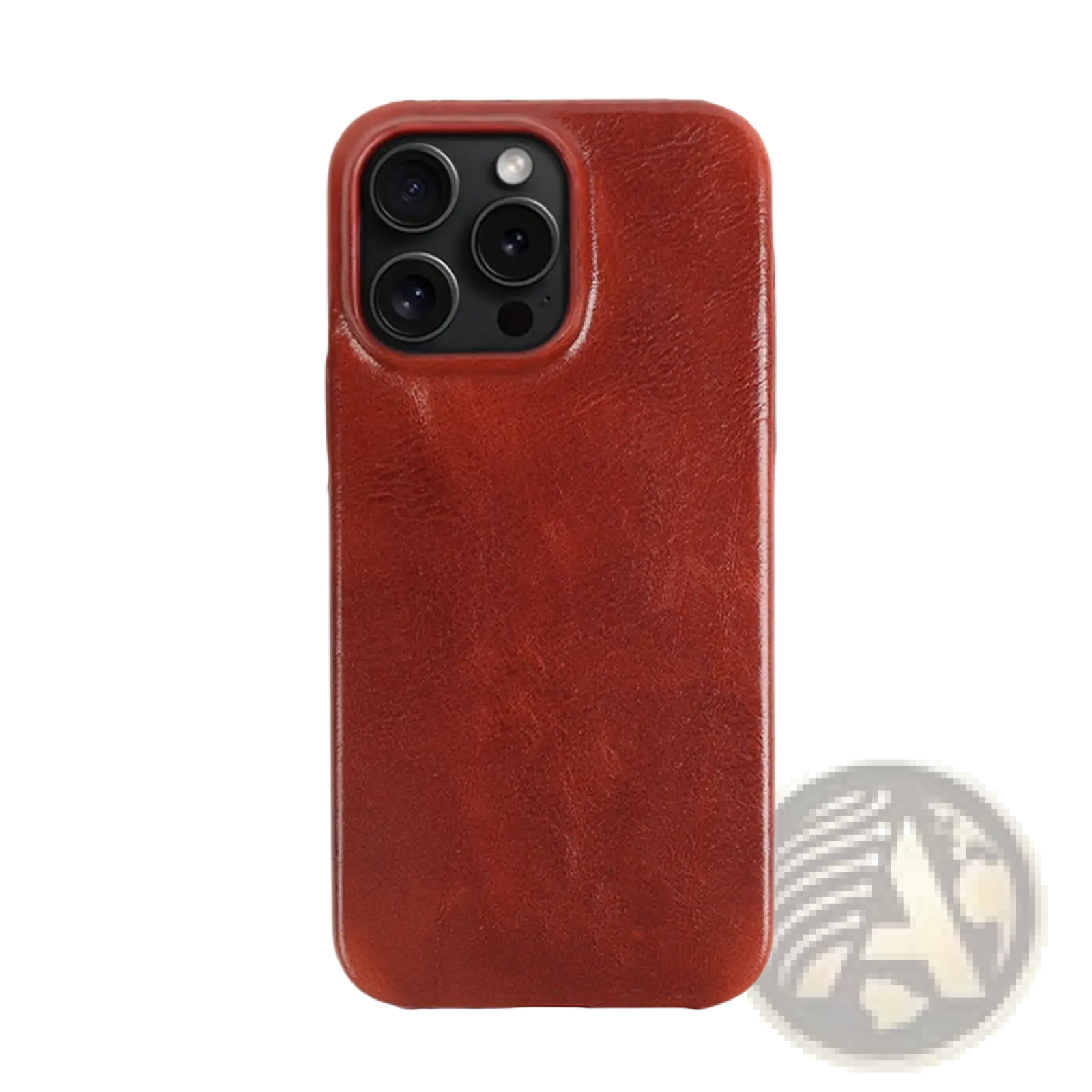 Back side of a rich brown leather iphone case vintage horse oil drop resistant with textured surface and camera cutout