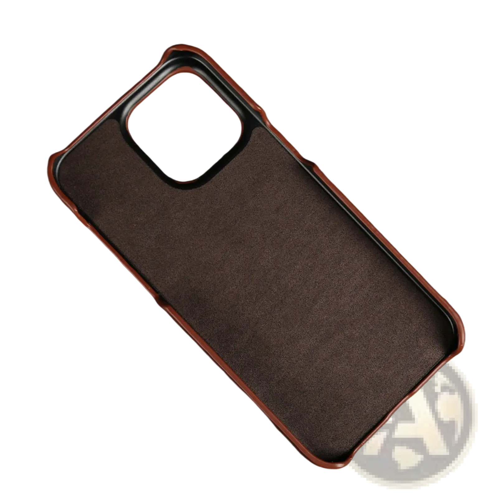 Brown leather iphone case vintage horse oil drop resistant with textured surface and camera cutout shown from back side