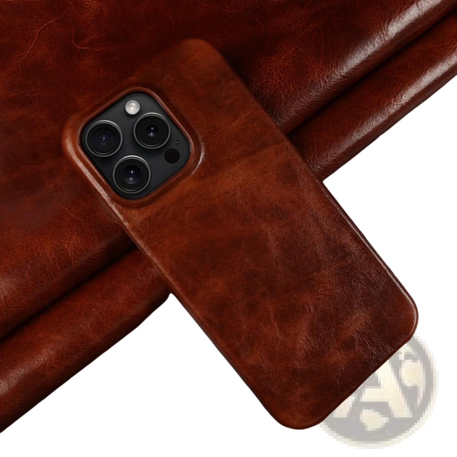Brown leather iphone case with vintage horse oil finish and drop resistant textured back side with worn look