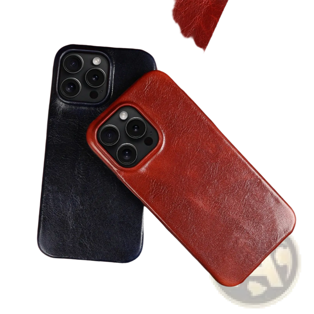 Back side of rich burgundy and deep navy leather iphone 13 pro cases vintage horse oil drop resistant design