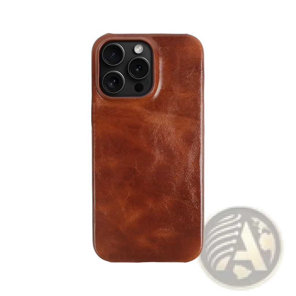Back side of a rich brown leather iphone case vintage horse oil with textured slightly worn finish and precise camera cutouts