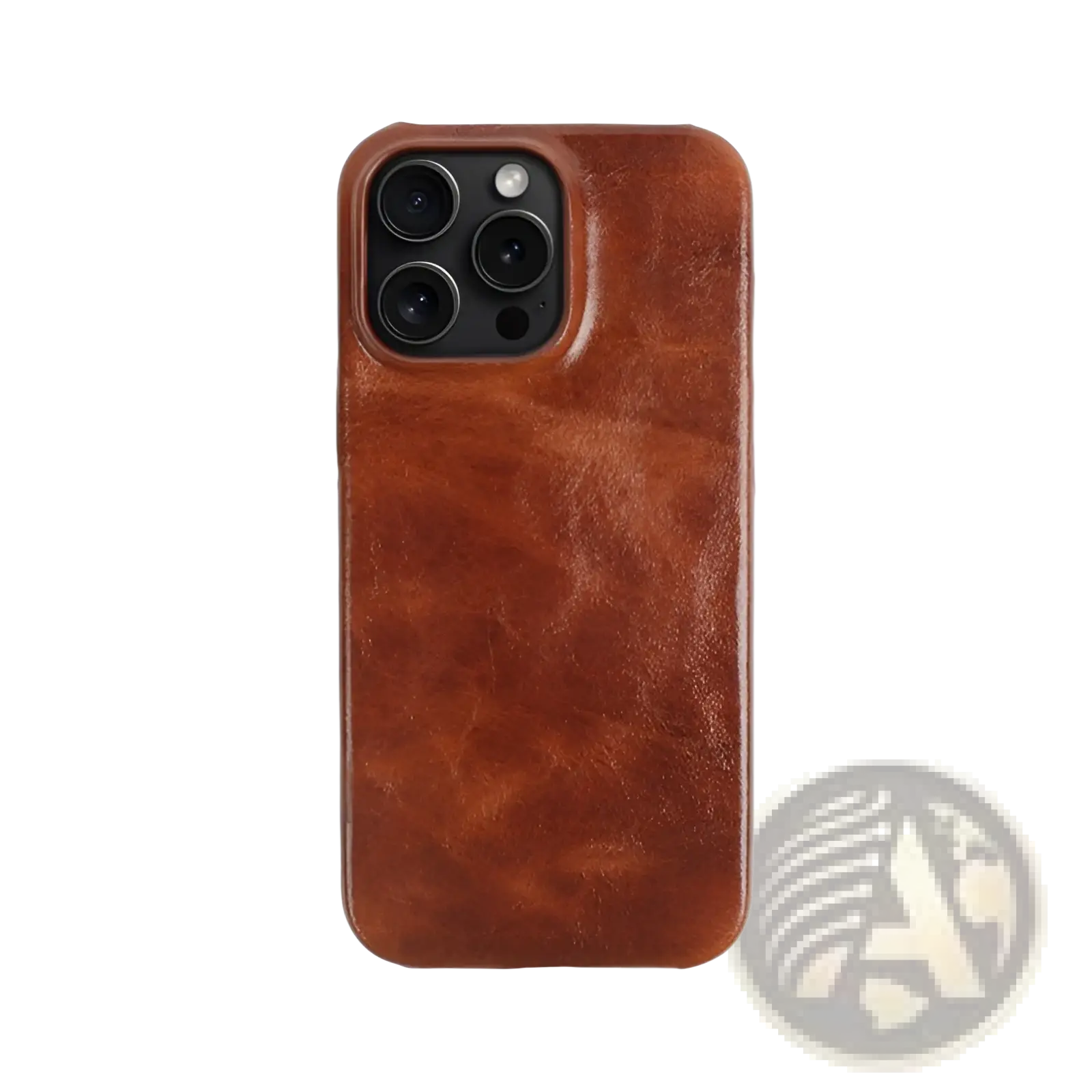 Back side of a rich brown leather iphone case vintage horse oil with textured slightly worn finish and precise camera cutouts