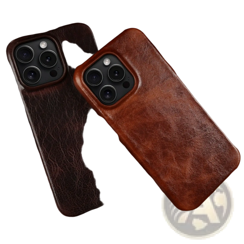 Two vintage horse oil drop resistant leather iphone cases in rich brown and deep espresso showing textured back