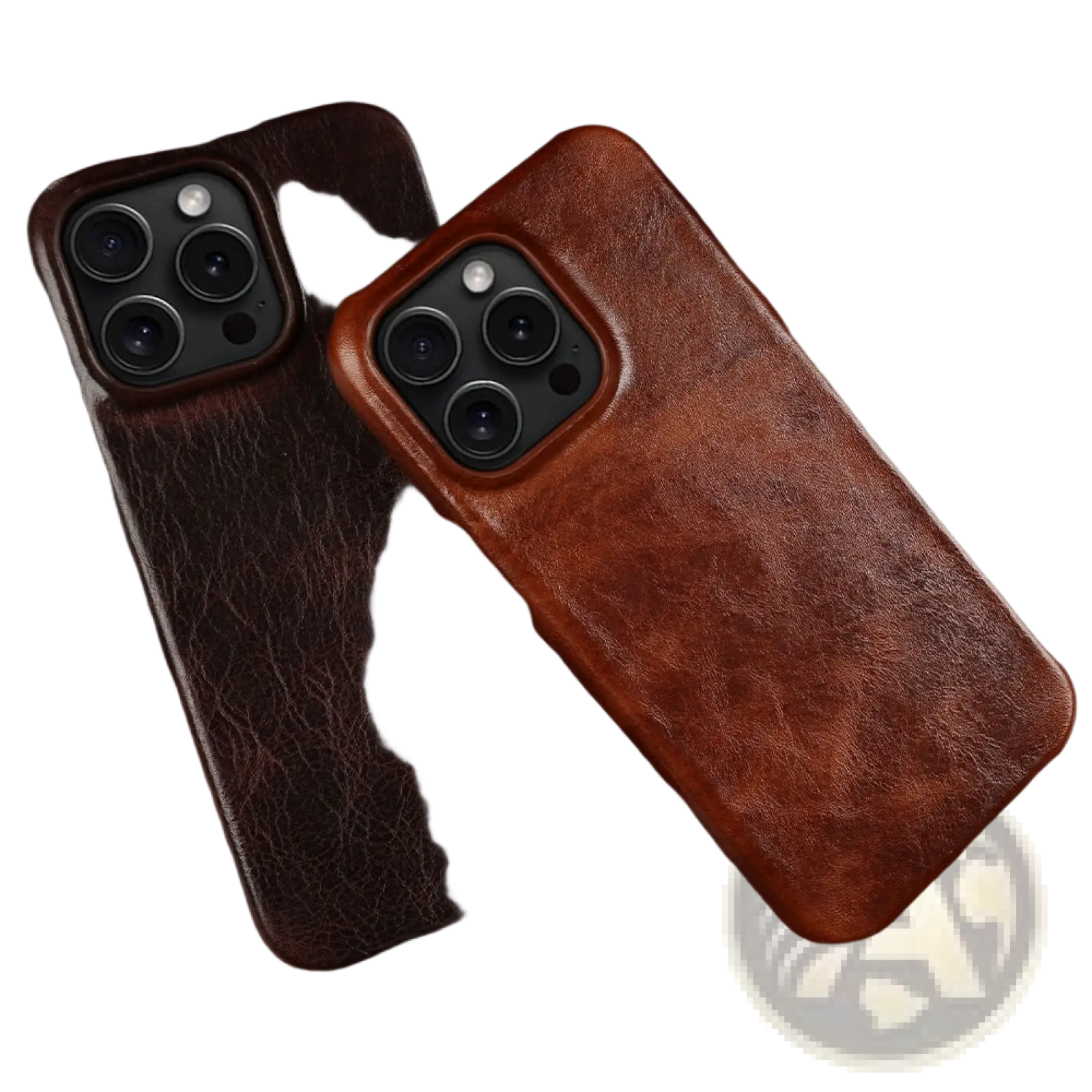 Two vintage horse oil drop resistant leather iphone cases in rich brown and deep espresso showing textured back