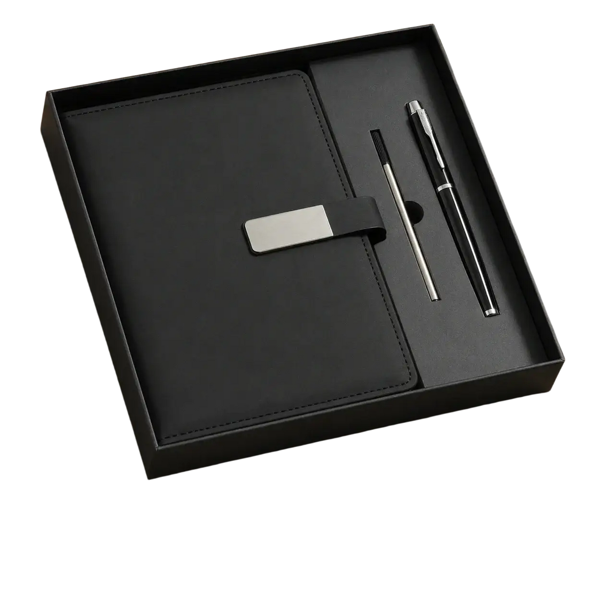 Black leather a5 lined journal gift set for men with magnetic closure silver clasp in elegant box with pen and pencil