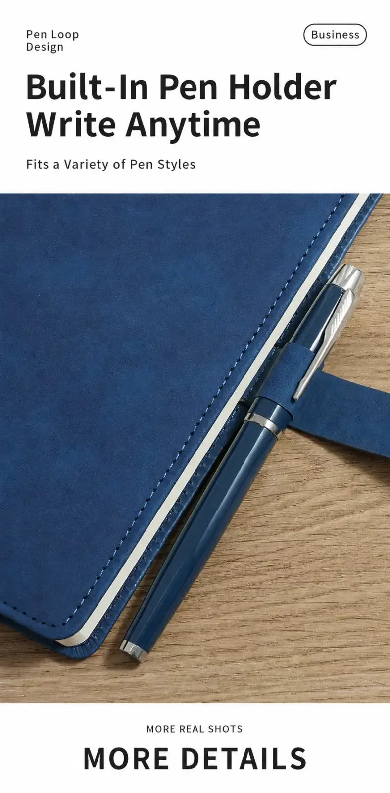 Blue leatherbound a5 lined notebook with built-in pen holder and white stitching beside matching blue fountain pen