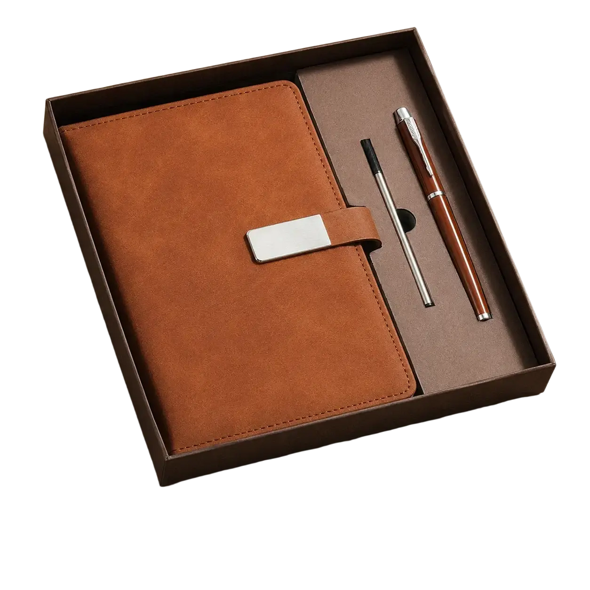 Brown leather a5 lined notebook with silver metal clasp in gift box with pen and pencil for men journal set