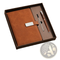 Brown leather a5 lined notebook with silver metal clasp in gift box with pen and pencil for men journal set