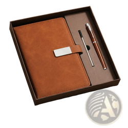 Brown leather a5 lined notebook with silver metal clasp in gift box with pen and pencil for men journal set
