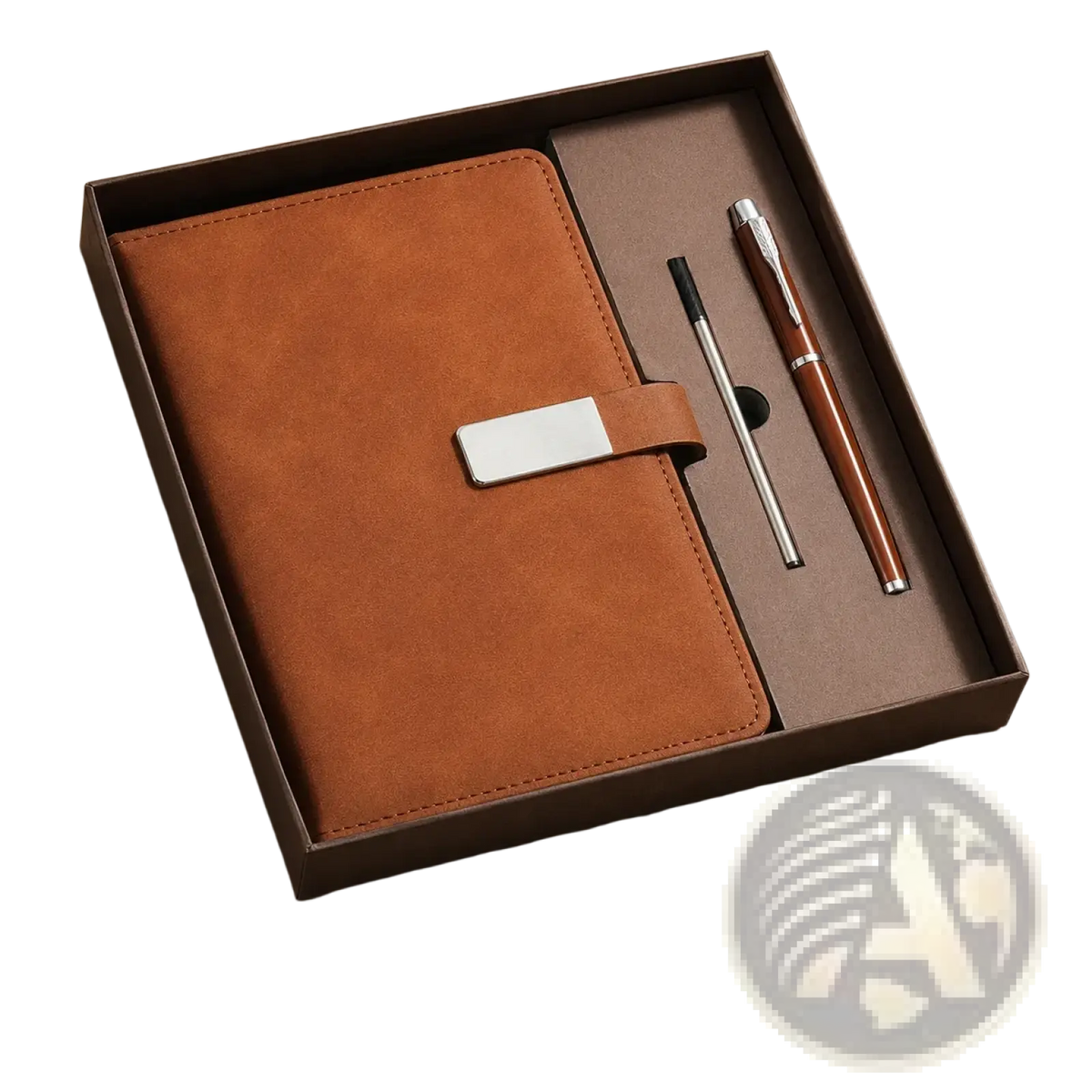 Brown leather a5 lined notebook with silver metal clasp in gift box with pen and pencil for men journal set