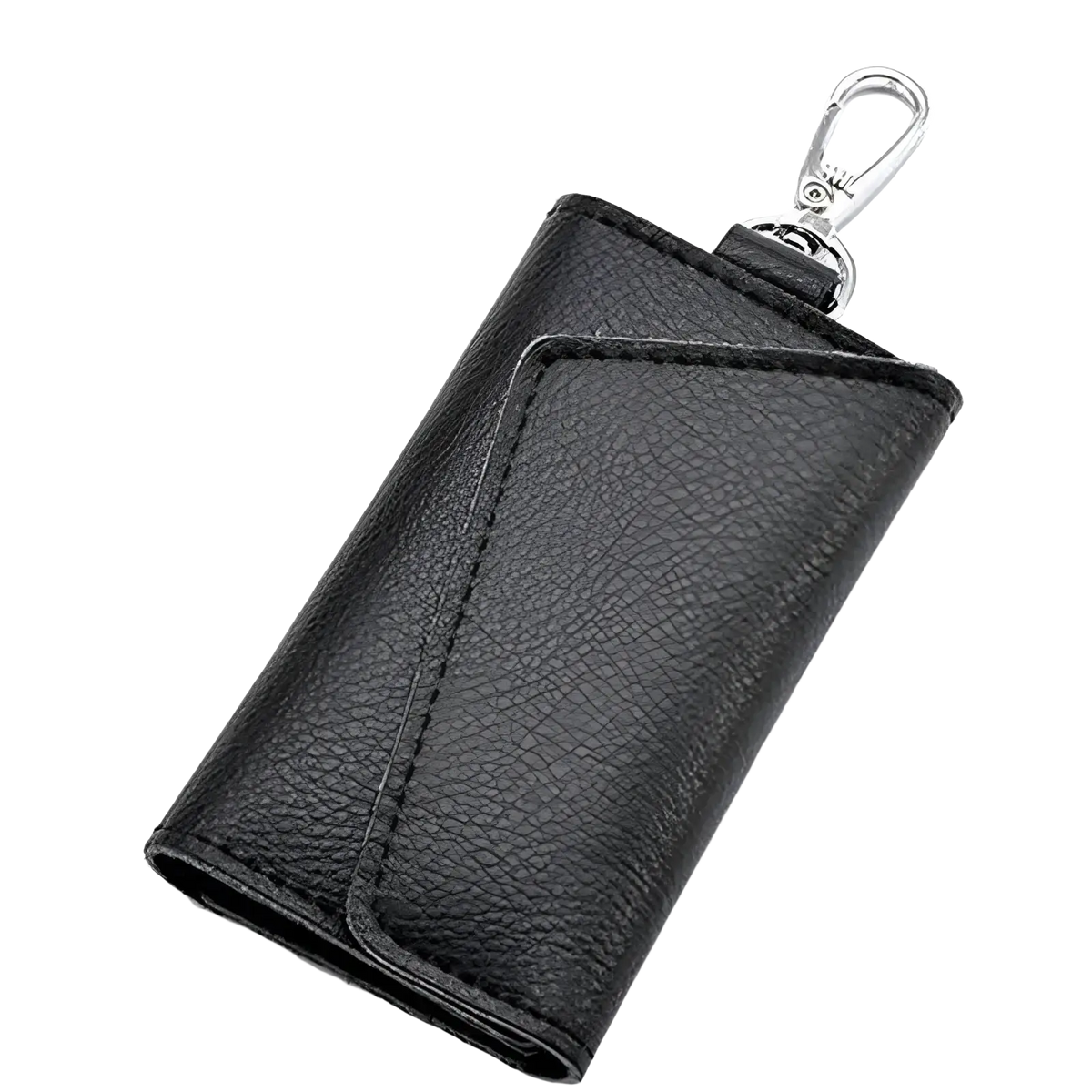 Black leather key case wallet organizer with a silver-toned metal clip for secure key storage and organization