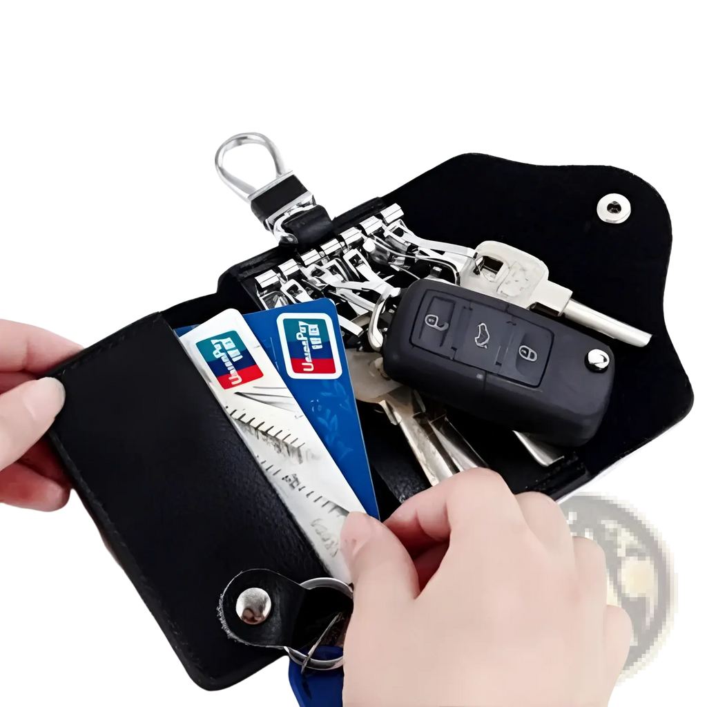Black leather key case wallet organizer with silver metal clasp and snap closure holding keys and credit cards