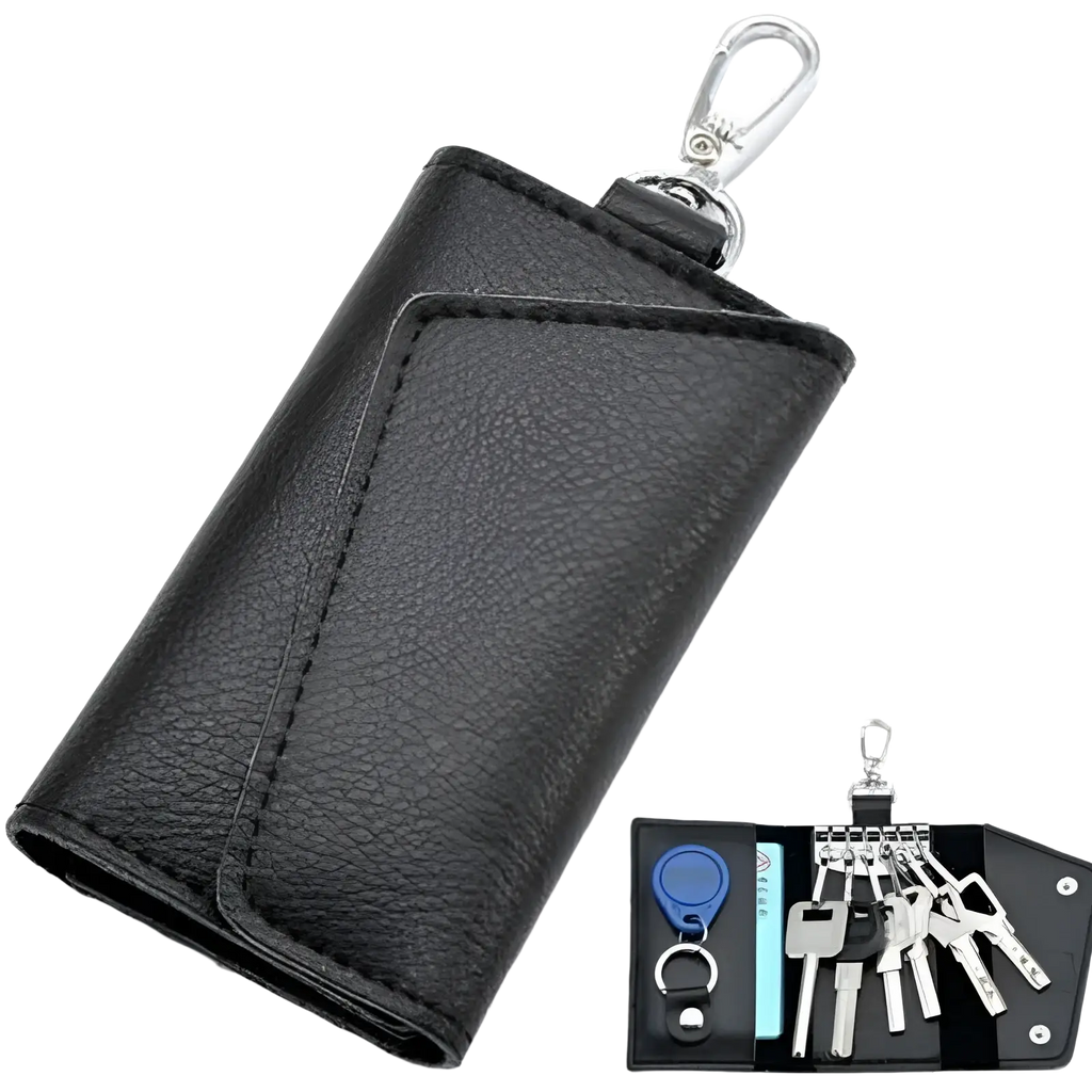 Black textured leather key case wallet organizer with silver metal clip and compartments for keys id cards and blue fob