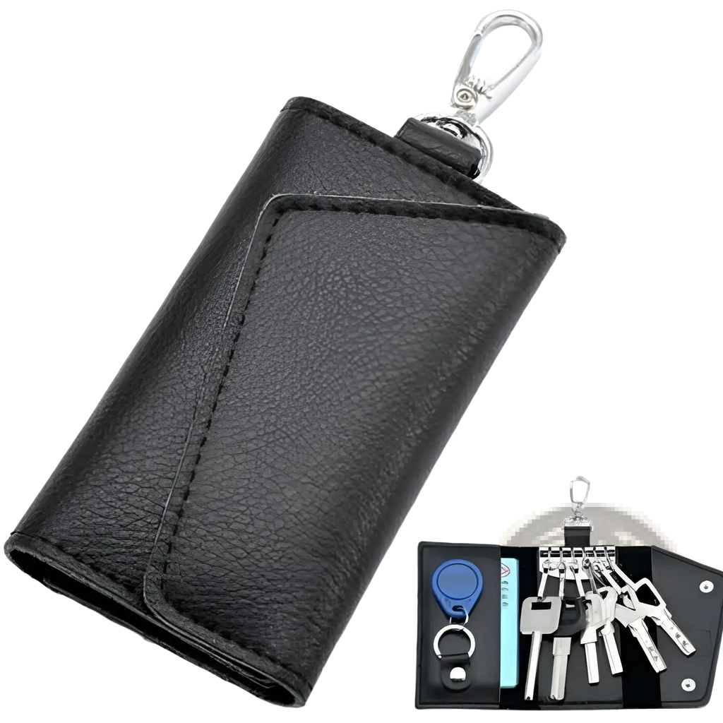 Black textured leather key case wallet organizer with silver metal clip and compartments for keys id cards and blue fob