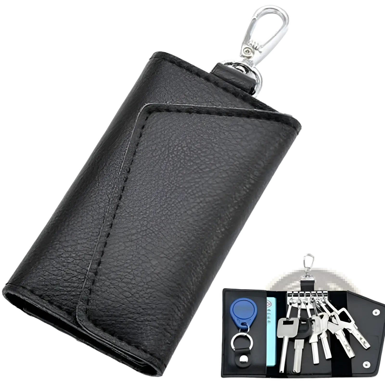 Black textured leather key case wallet organizer with silver metal clip and compartments for keys id cards and blue fob
