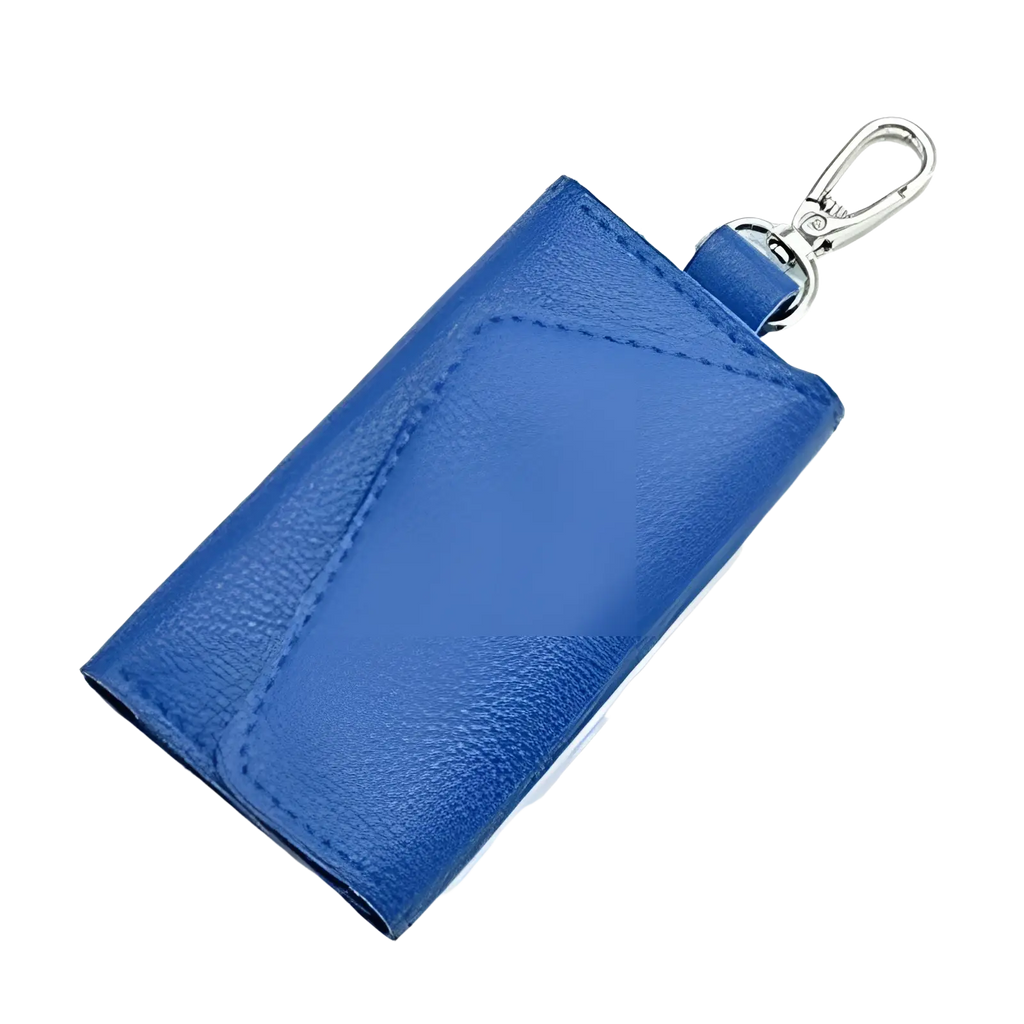 Leather key case wallet organizer featuring a blue textured leather keychain with a silver metal clasp