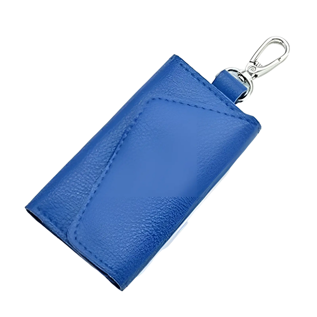 Leather key case wallet organizer featuring a blue textured leather keychain with a silver metal clasp