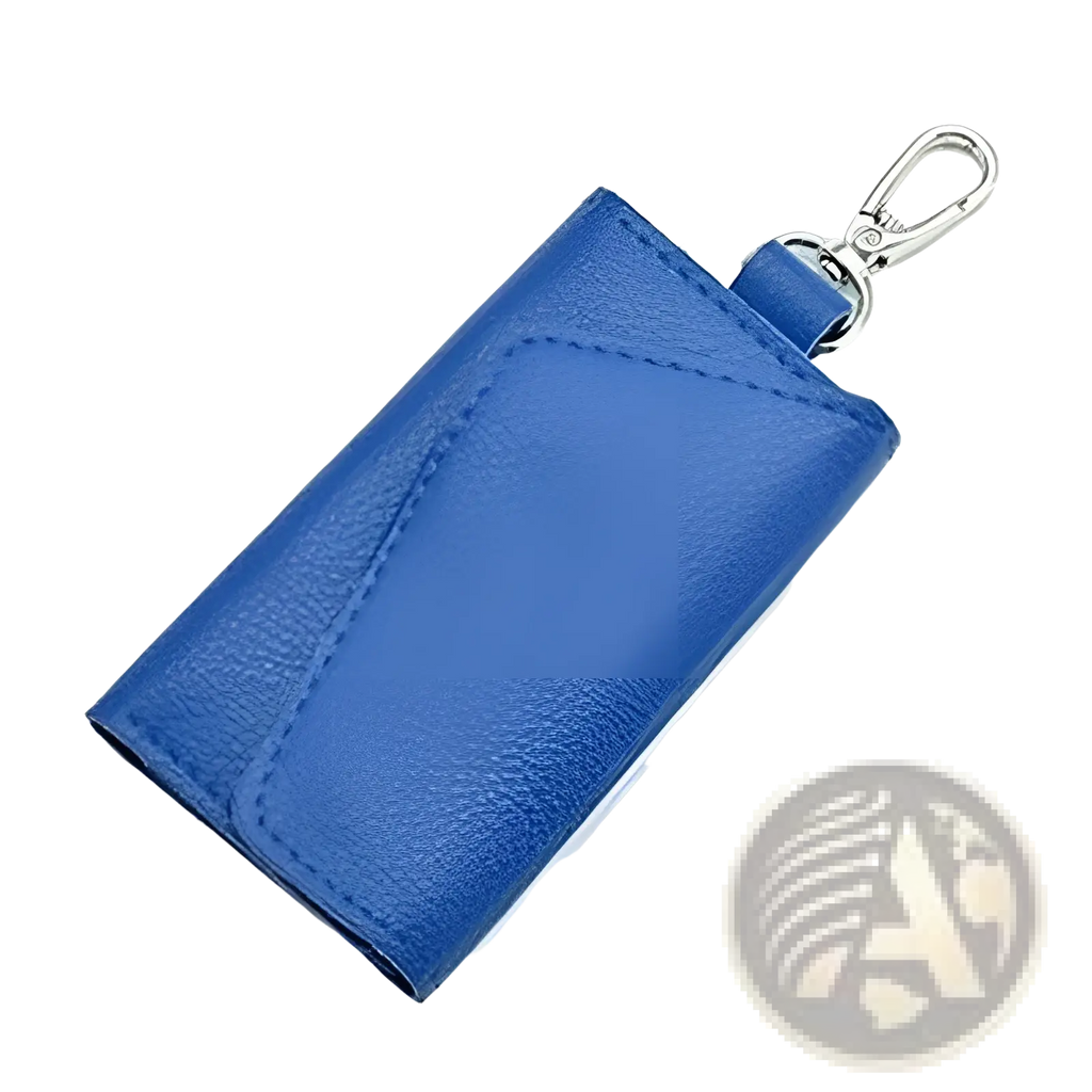 Leather key case wallet organizer featuring a blue textured leather keychain with a silver metal clasp