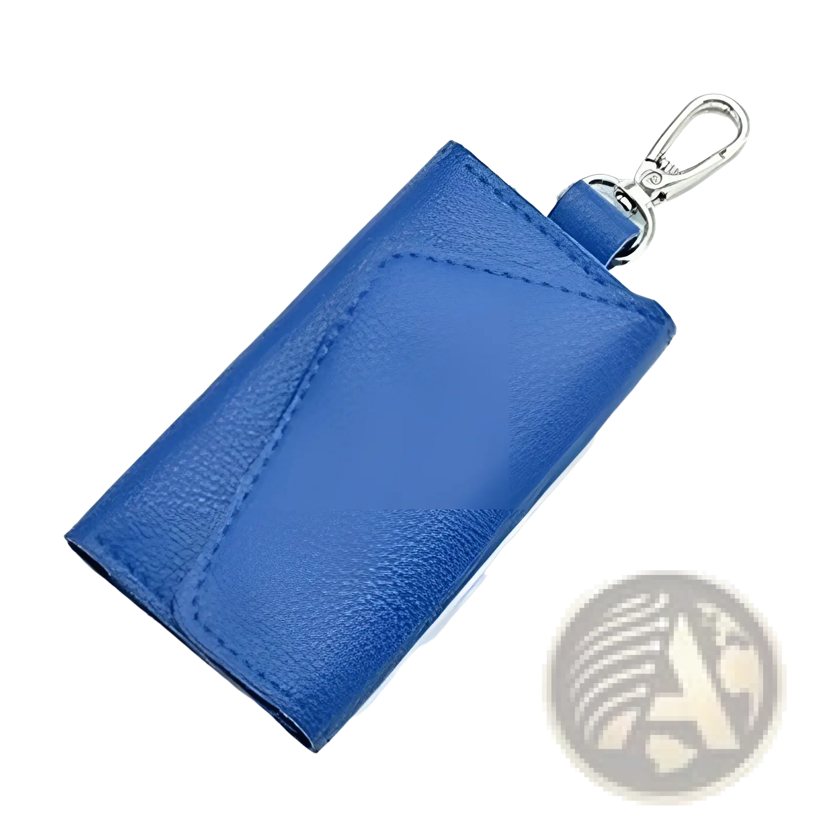 Leather key case wallet organizer featuring a blue textured leather keychain with a silver metal clasp