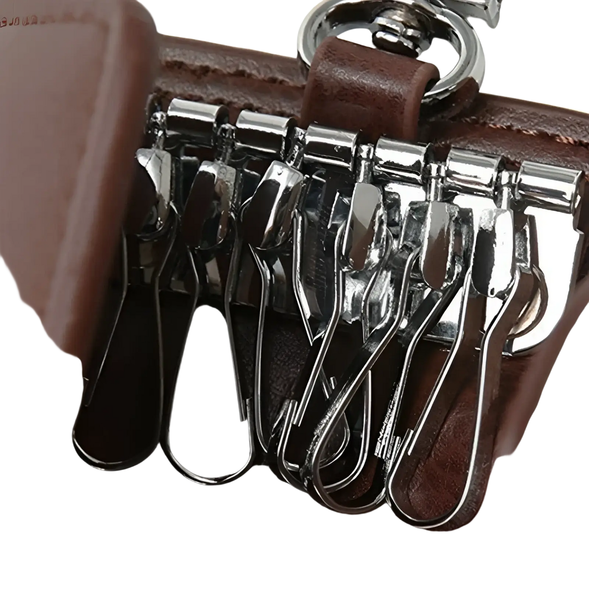 Brown leather key case wallet organizer featuring multiple silver-toned metal hooks for key storage