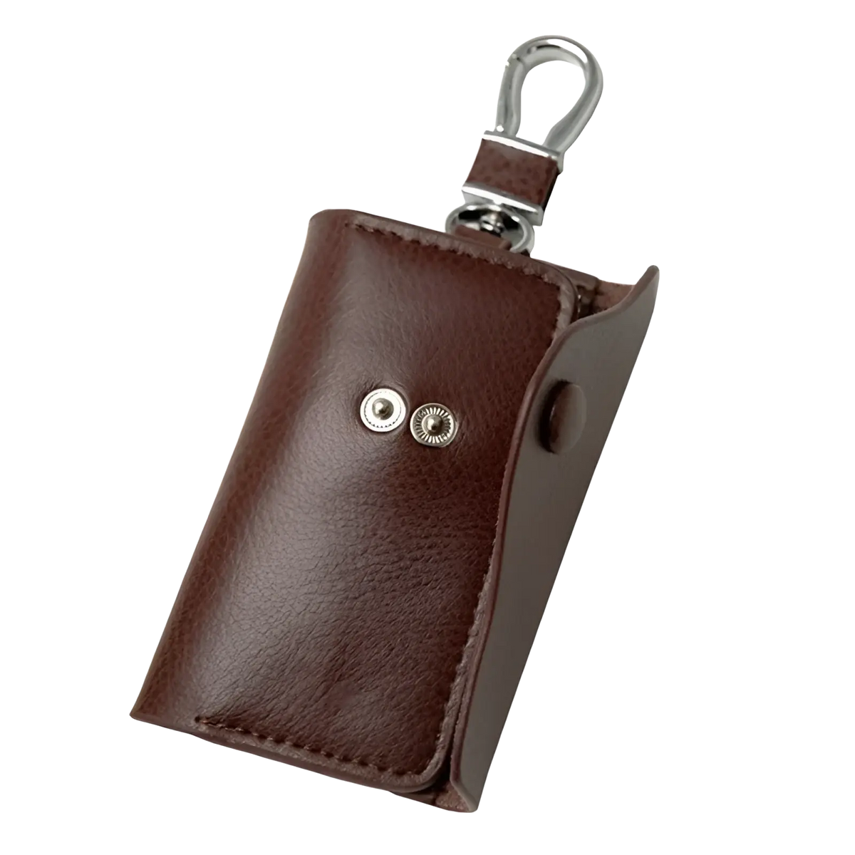 Brown leather key case wallet organizer with silver snap buttons and metal carabiner clip for secure key storage