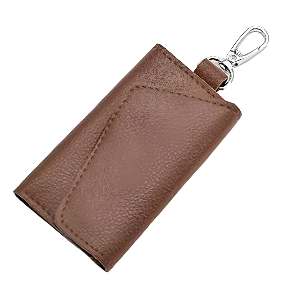 Brown leather key case wallet organizer with textured surface and silver toned metal clip for secure key storage