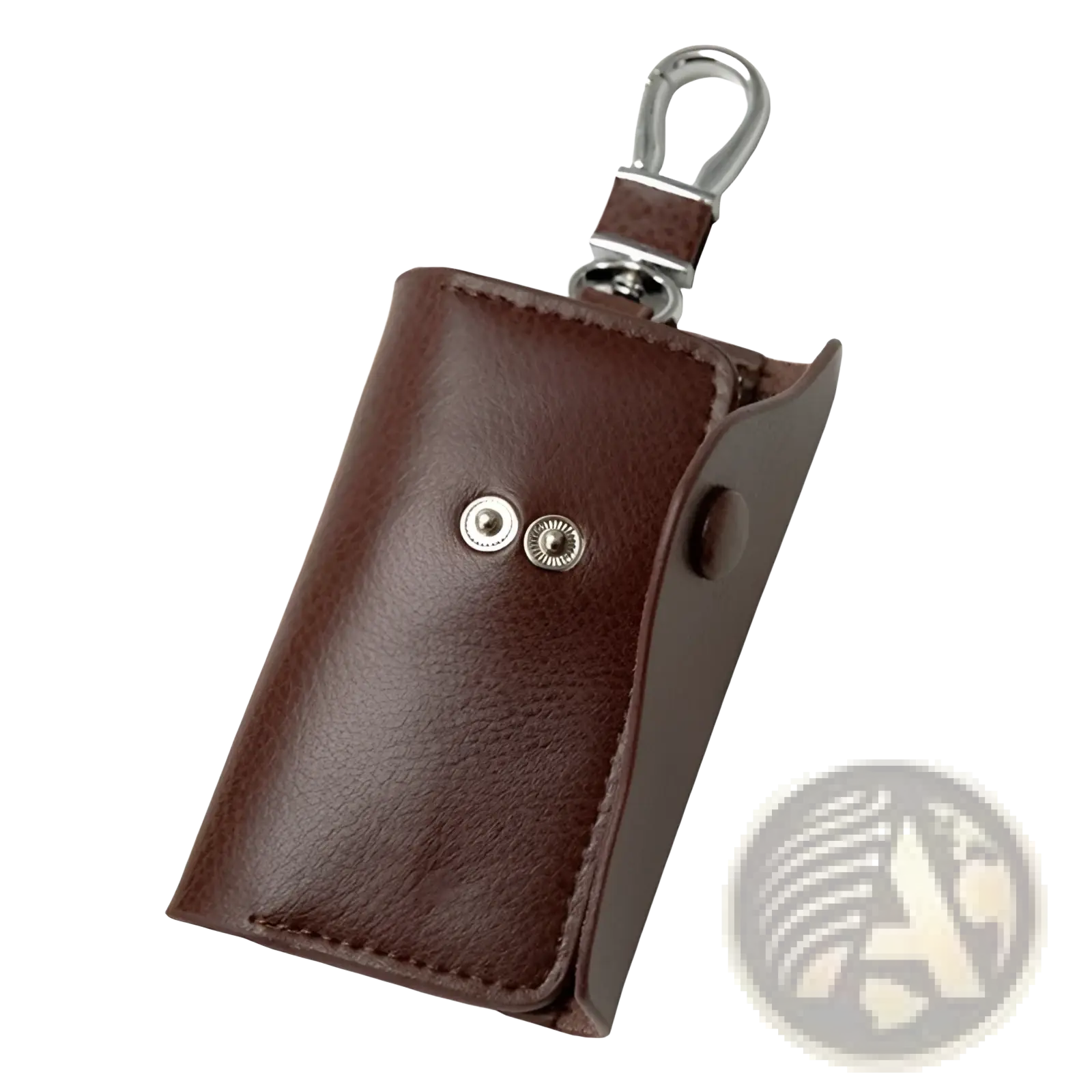 Brown leather key case wallet organizer with silver snap buttons and metal carabiner clip for secure key storage