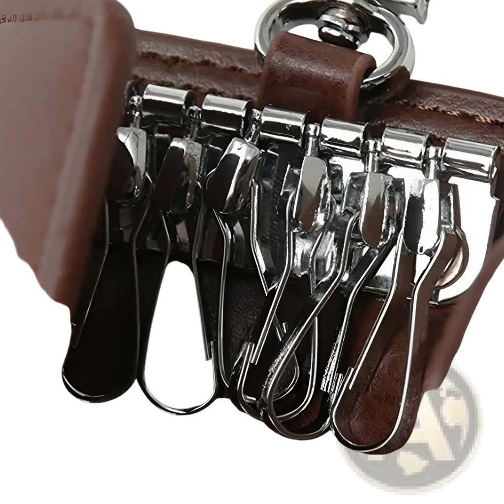 Brown leather key case wallet organizer featuring multiple silver-toned metal hooks for key storage