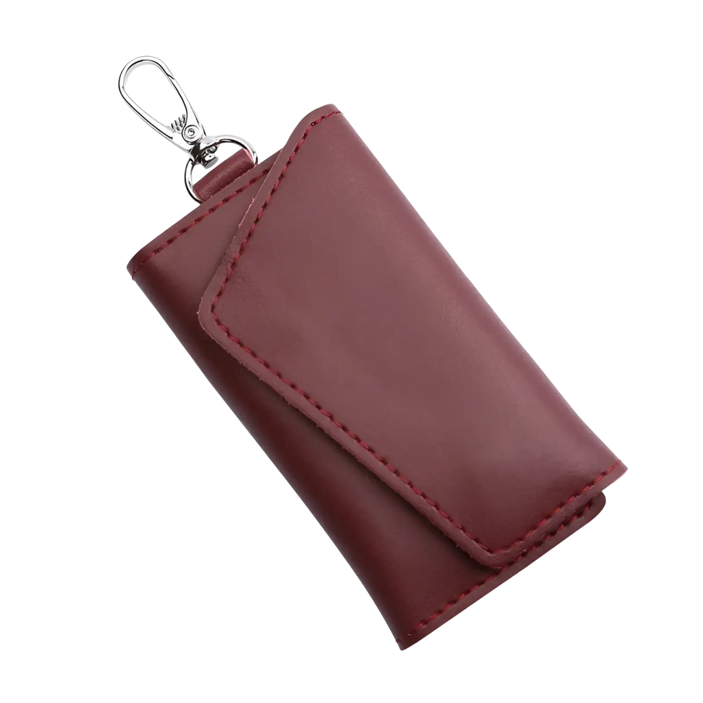Leather key case wallet organizer in burgundy leather with red stitching and a silver carabiner clip