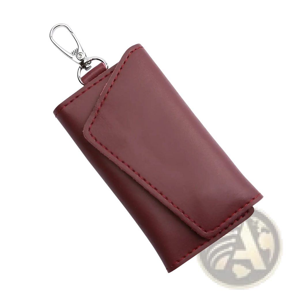 Leather key case wallet organizer in burgundy leather with red stitching and a silver carabiner clip
