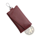 Leather key case wallet organizer in burgundy leather with red stitching and a silver carabiner clip