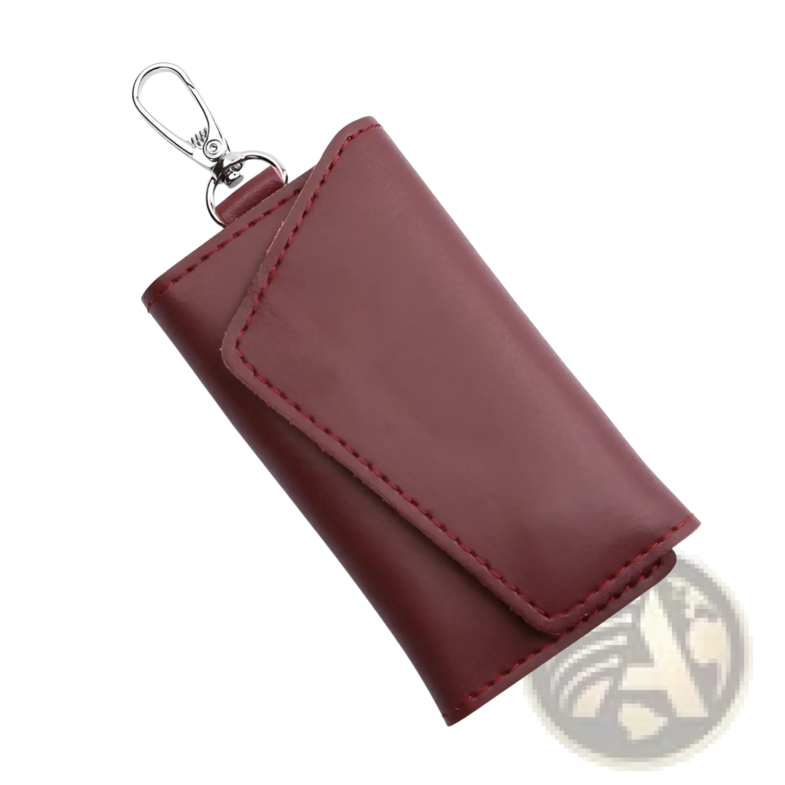 Leather key case wallet organizer in burgundy leather with red stitching and a silver carabiner clip