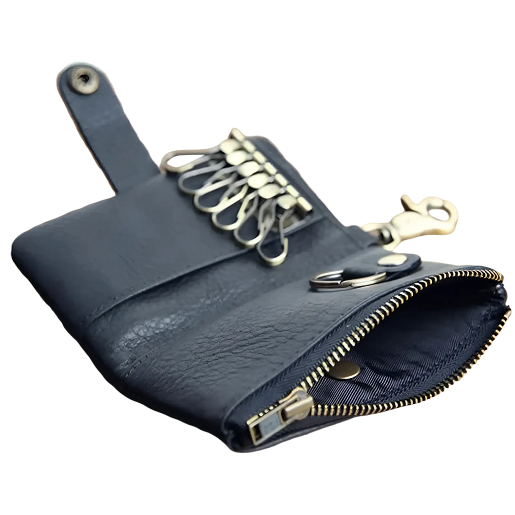 Black leather key chain wallet for men with brass-colored metal rings and zipper pull for organized keys